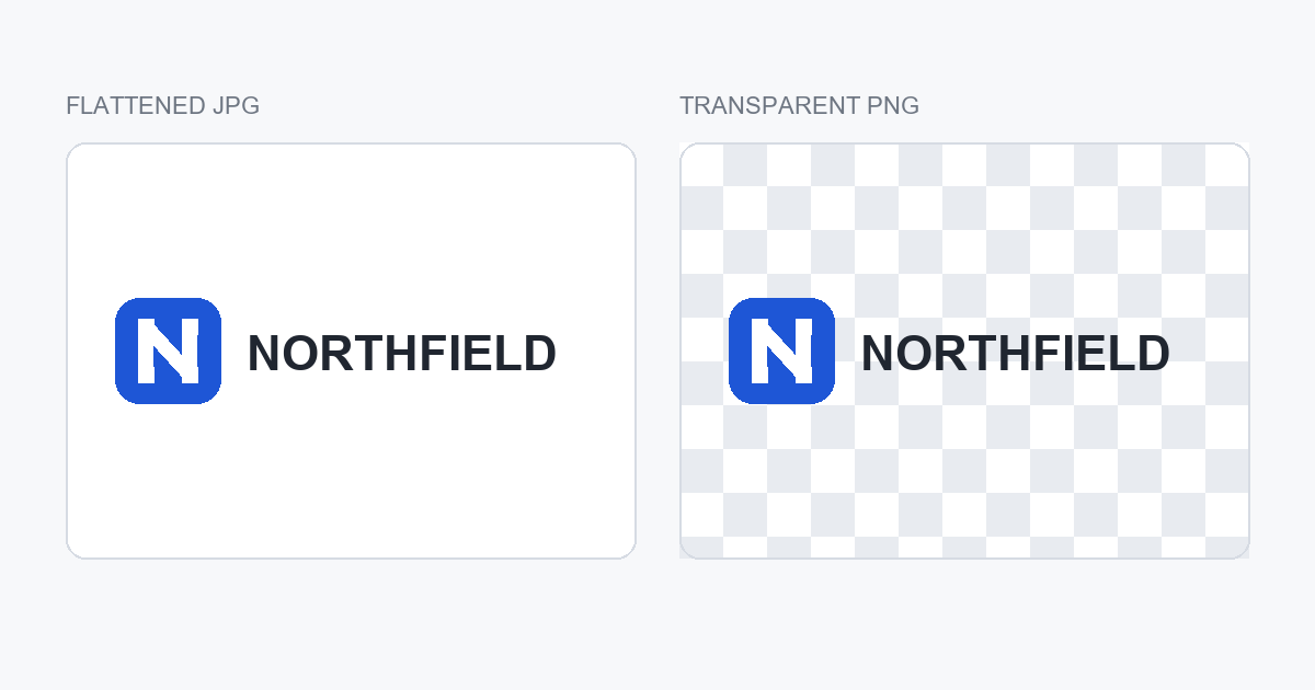 A logo flattened onto a white JPG beside the same logo with a transparent background shown on a checkerboard